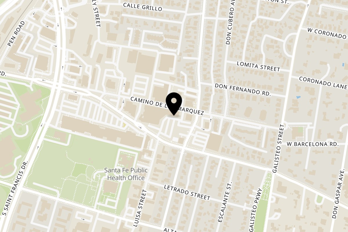 Map showing the location of Pyramid Cafe on 505 Cordova Road in Santa Fe